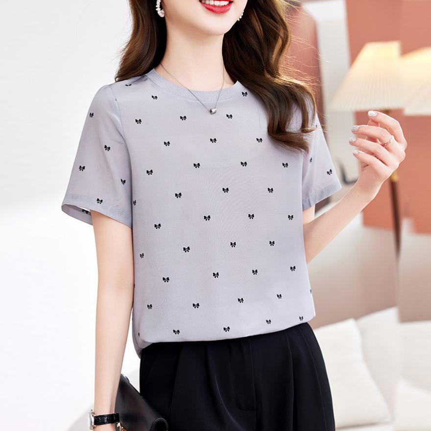 Fashion Heavy Silk Top Women's Short-sleeved  Wear New Mulberry Silk Printed Thin T-shirt