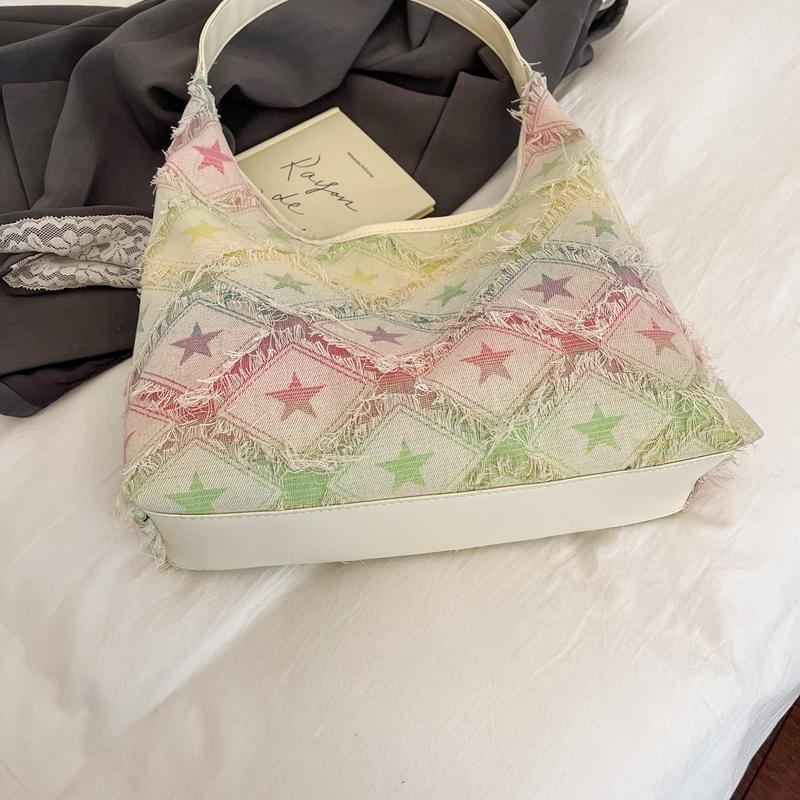 Star Print Frayed Denim Tote Bag Large Capacity Casual Shoulder Handbag for Women