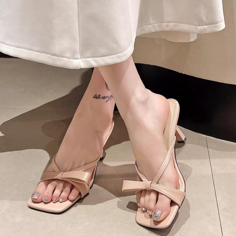 Fashion Bow-knot Square-toe Slippers for Women Xia 2025 New Outward Wear, Flip-flops, High Heels with Skirt Temperament