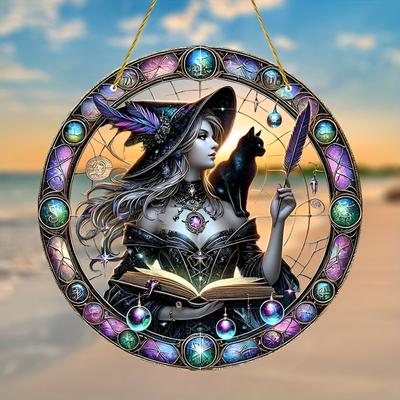 2D Flat, Halloween Witch and Black Cat Stained Glass Catcher - Round Acrylic Hanging Ornament for Home, Party or Bar Decor