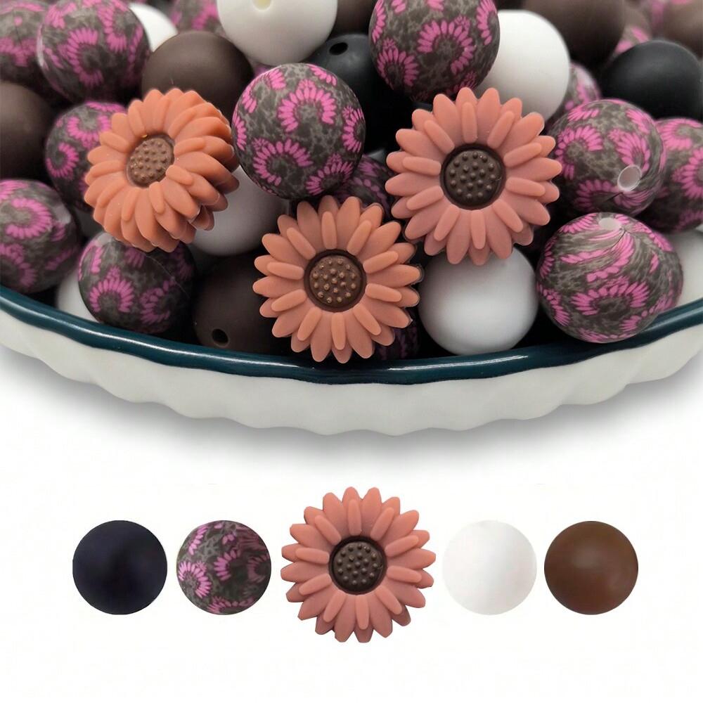 25PCS daisy and floral printed silicone bead set, punk style, suitable for DIY keychains, bracelets, bead pens