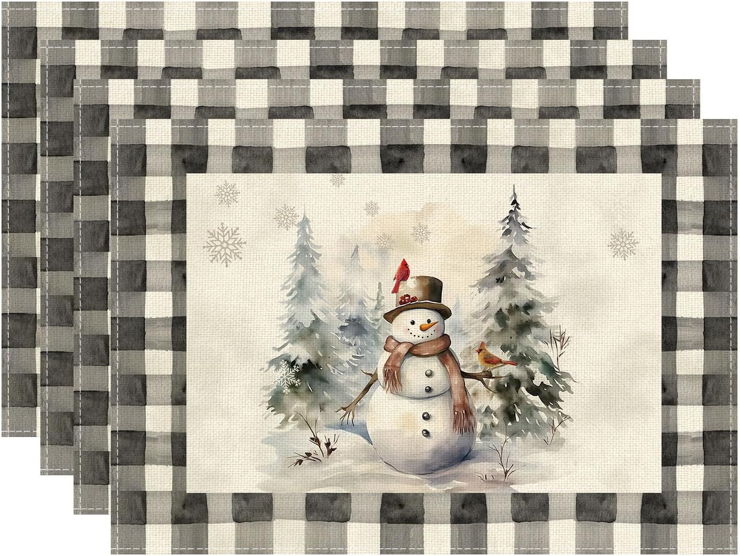 

Watercolor Buffalo Plaid Snowman Snowflakes Christmas Placemats Winter Xmas Table Mats for Party Home Kitchen Dining Decor 4pcs