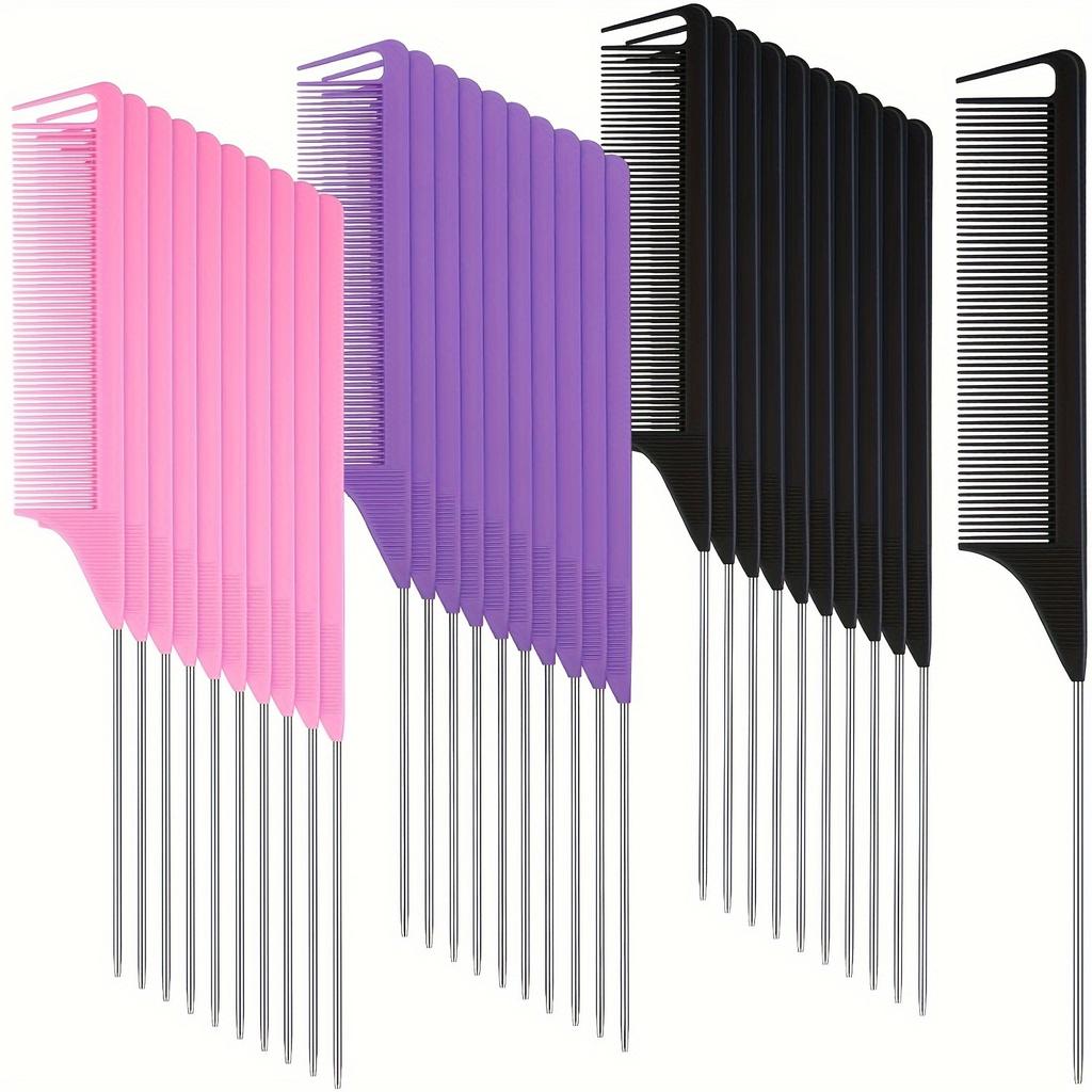 11 piece pointed tail comb set, suitable for hairstyle design, plastic comb teeth and metal handle, heat-resistant combing comb