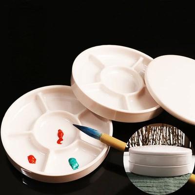 Paletă Rotundă din Porțelan Imitat cu Capac Pictură Acrilică Acuarelă Multifuncțională Tavă Albă pentru Vopsea Consumabile pentru Artiști
