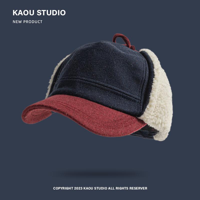Retro Woolen Color Matching Bomber Hat Men And Women Street Japanese Trend Peaked Cap Plush Thermal Ear Protection Baseball Cap