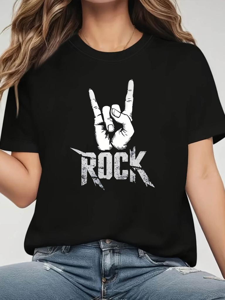 Rock Enthusiast Exclusive Outfit Rock Paired With Classic Rock Gesture Pattern Printed Unisexs Fashionable Casual Tshirt