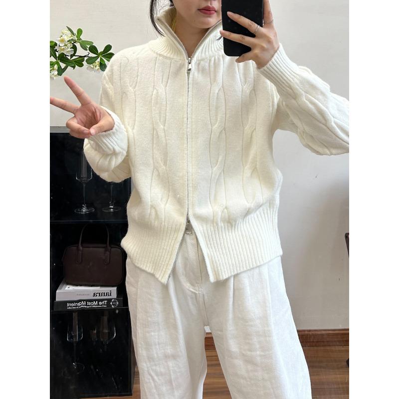 Autumn Winter Stand Collar Fried Dough Twist Zipper Knitting Coat Women Casual Fashion Cardigan Sweater Top