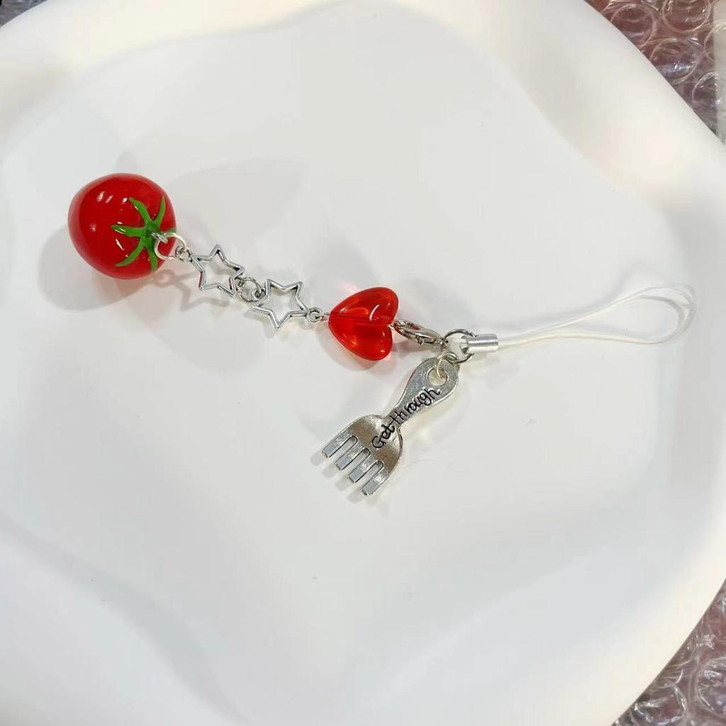 Creative Tomato/Fork/Spoon Bag Charm Colorful Resin Beaded Keychain Pendant Versatile Purse Accessory Gift for Women