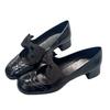 Genuine Leather Bow Mary Jane Single Shoes For Women's Spring Autumn New Styles Thick Heel Carved High Heels Shoes Women