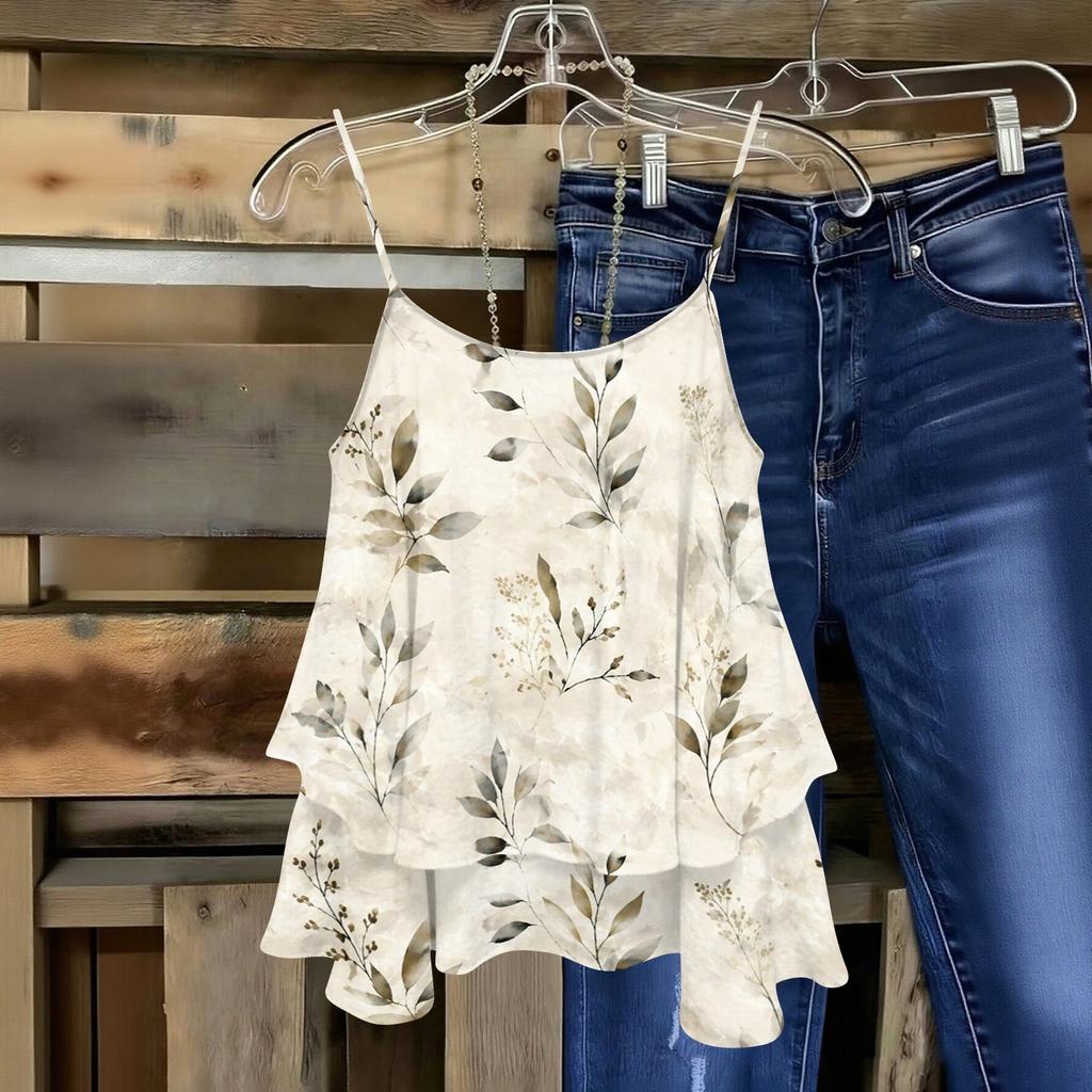 Women Strapless Floral Print Sleeveless Double Layer Camisole Top Lightweight Summer Casual Tank Blouse