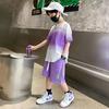 Children's Boy Clothes Set Summer Gradient Letter T-shirts and Shorts Suit Teenage Short Sleeve Top Bottom 2 Pieces Tracksuit