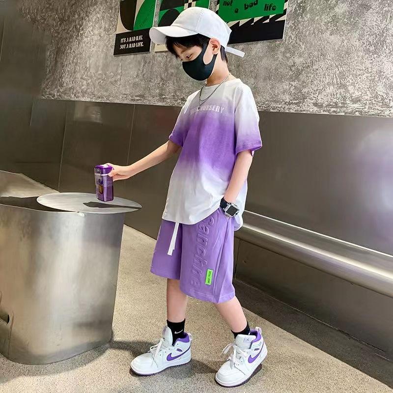 Children's Boy Clothes Set Summer Gradient Letter T-shirts and Shorts Suit Teenage Short Sleeve Top Bottom 2 Pieces Tracksuit