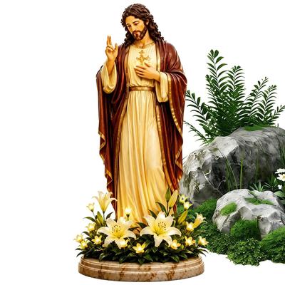 Zahradní socha Ježíše a Marie Světelná dekorativní pryskyřičná socha se solárním osvětlením květu Socha Svaté Matky Marie Křesťanská dekorace