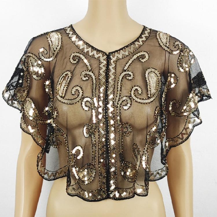 Short Mesh Shawl For Formal Clothes Feature Secure Sequins Detail Soft Polyester Cover Up Easy To Fold And Carry