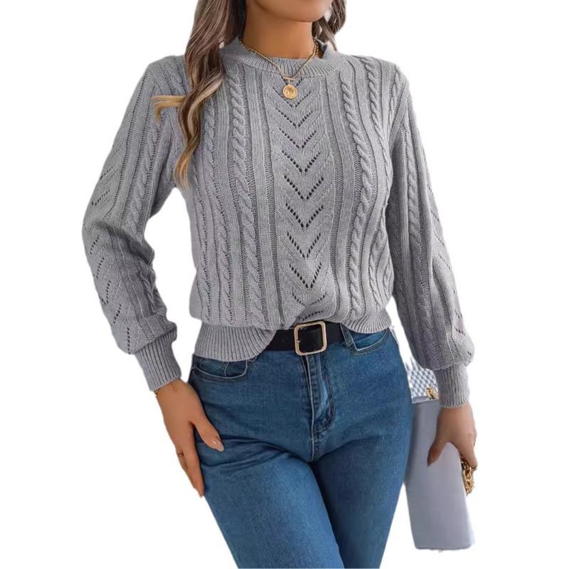Women Autumn Winter Casual Solid Color Hollow Out Lantern Sleeve Pullover Sweater