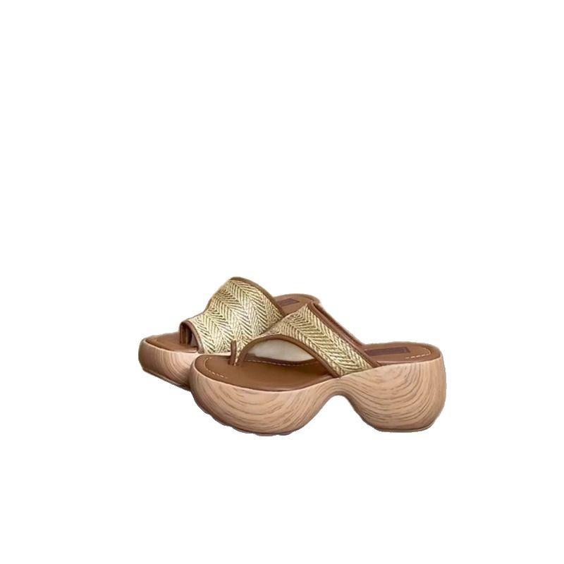 Small Waterproof Table Thick-bottomed Muffin Bottom Toe Cool Slippers Women's Holiday Style Straw Fashion Outer Flip-flops Women