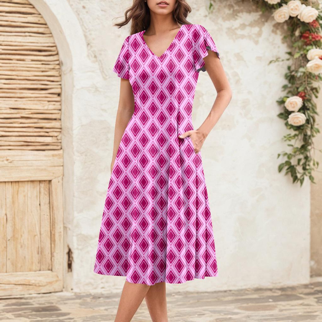 Rochie Midi Elegantă Retro de Vară pentru Femei cu Mâneci Volan V-Gât