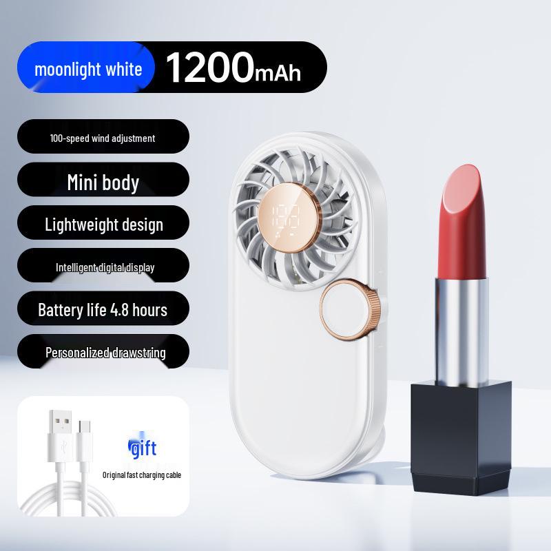 Compact USB Rechargeable Pocket Fan: Handheld Lipstick-Sized, Strong Wind, Digital Display, Stepless Speed Control