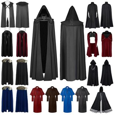 2025 Gothic Medieval Retro Cloak with Double-Layer Hood and Fur Collar