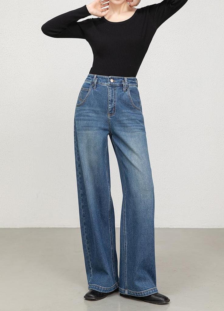 Women's Blue Long-Sleeved Denim Jacket with High-Waisted Wide-Leg Pants - Spring 2026 Collection