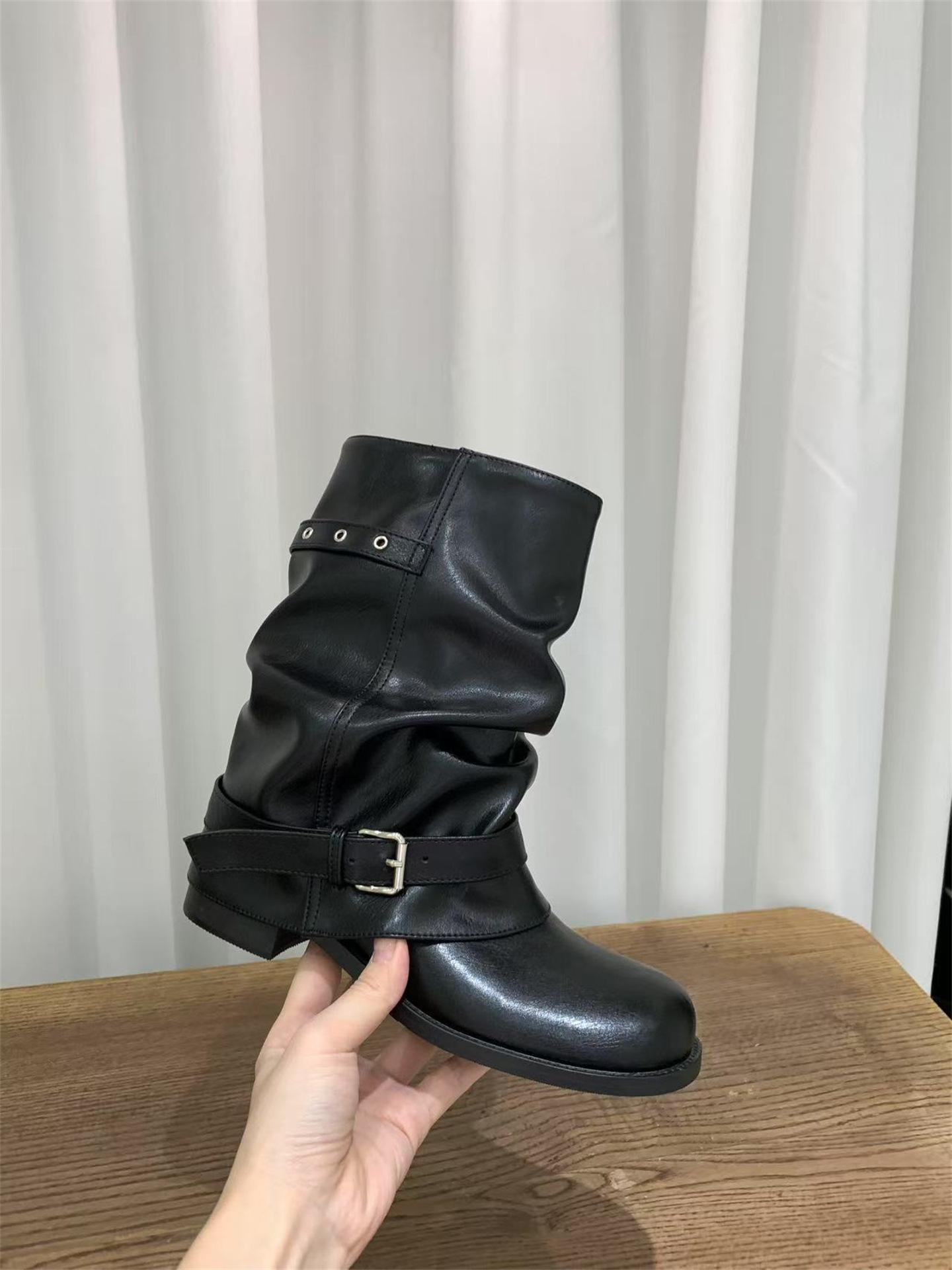 

Coarse Heel Black British Medium Martin Boots Women s Boots 2025 Spring and Autumn Single Boots Western Pants Pile Pile Short Boots 35