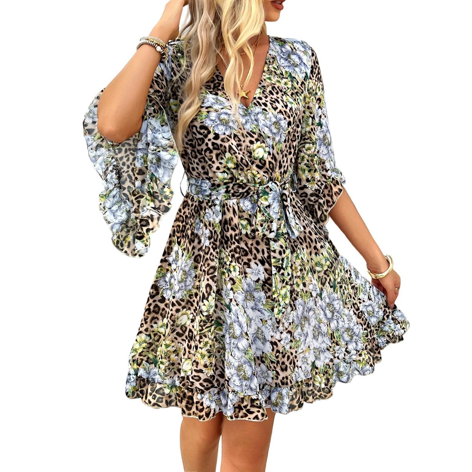 

Женские винтажные цветочные повседневные платья-туники с V-образным вырезом и коротким рукавом L