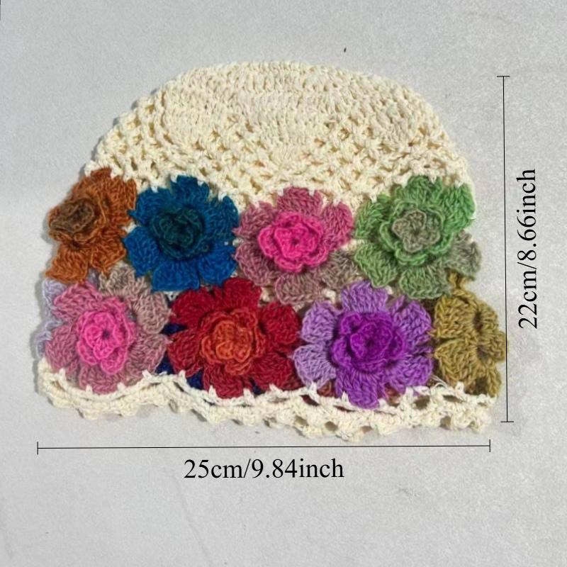 Japanese Spring Summer Literary And Artistic Colorful Flower Hollow Bag Head Hat Women Sweet Fashion Hand-Crocheted Beanie Cap