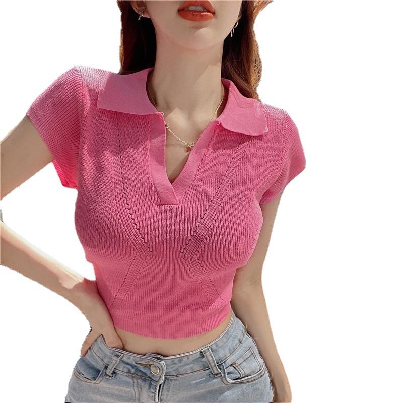 Summer New POLO Neck Short Sleeve Slim Skinny V-Neck Short Knitted T-Shirt Pink Top Women's Clothing