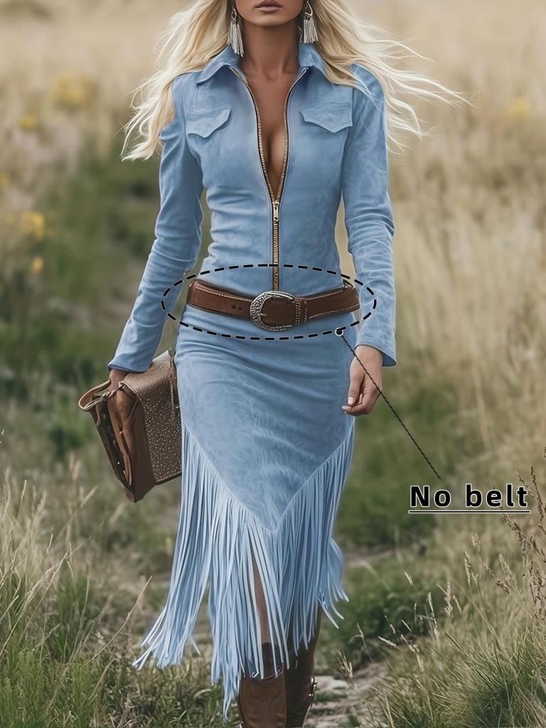 Világoskék Rojtos Szegélyű Hosszú Ujjú Farmer Ruha