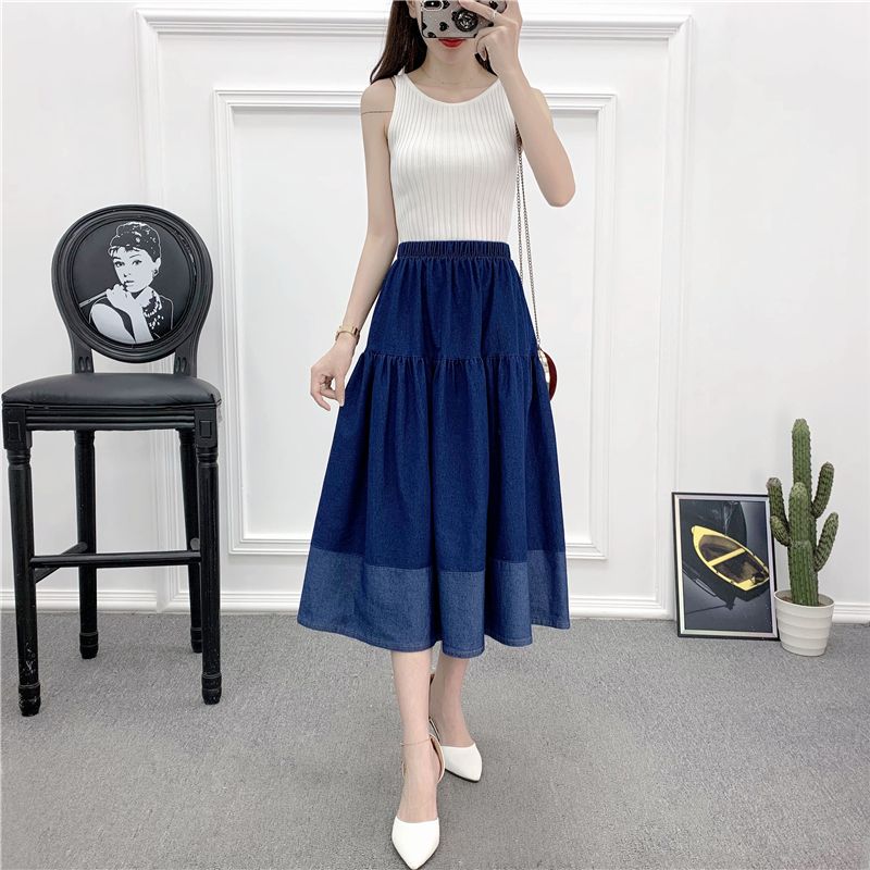 Spring and Summer New Artistic Sweet Elastic High Waist Stitching Blue Mid Length Long Length A- Line Denim Skirt Skirt Women