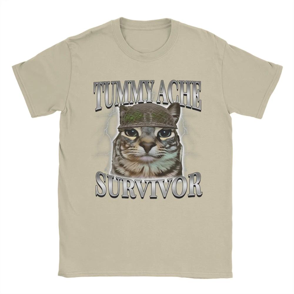 Tummy Ache Survivor Cat Meme Funny Saying Cats Animals T Shirts Summer Cotton TShirts for Men Women Trending Casual Tee Shirt