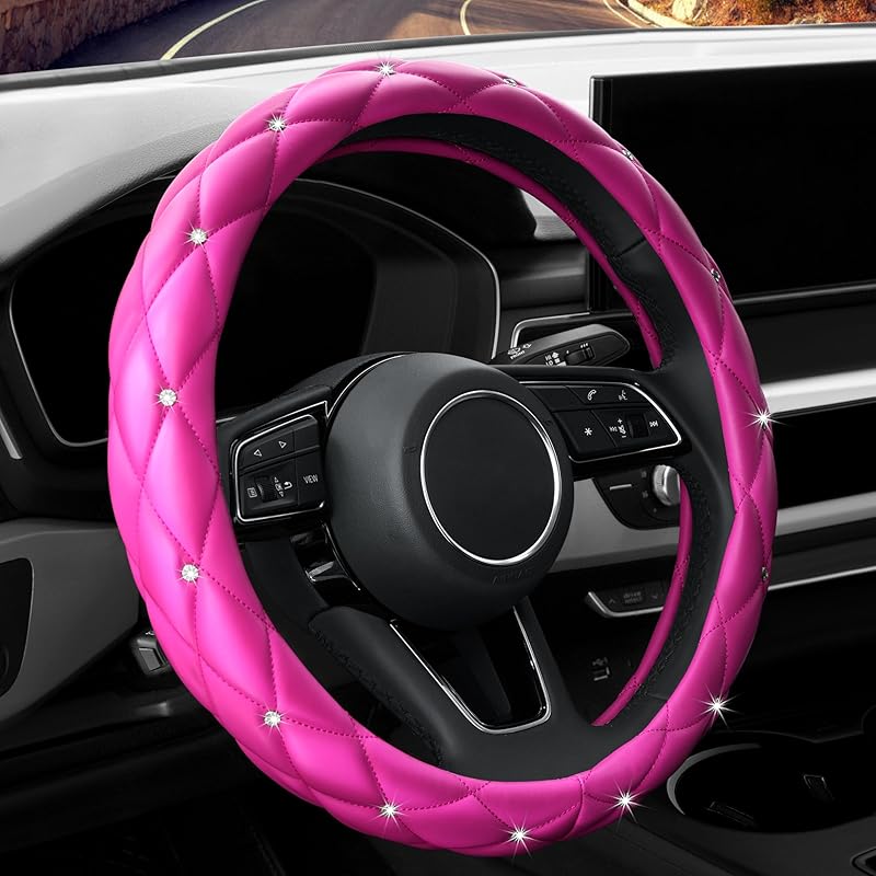 YOGURTCK Diamond Soft Leather Anti-Slip Steering Wheel Cover with Bling Bling Crystal Rhinestones, Universal 15 Inch for Women Girls, Fit Vehicles,