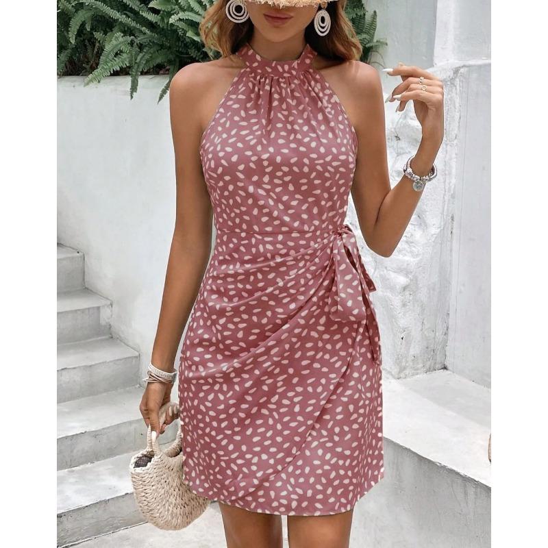 Women's Summer Fashion Halter-neck Zipper Sleeveless Floral Ruffled Short Dress