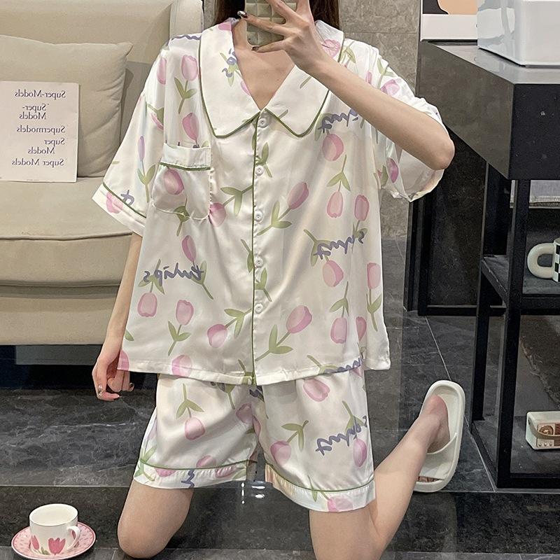GMXIA High-quality Cotton-like Cute Cardigan Short-sleeved Student Pajamas for Women, Sweet Summer Style for Women's Home Wear