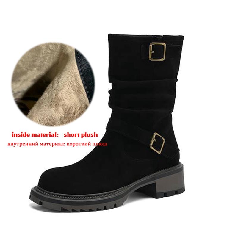 Krazing Pot Cow Suede Nubuck Winter Round Toe Western Boots Med Heels Slip On Metal Buckles Women Mid-calf Boots