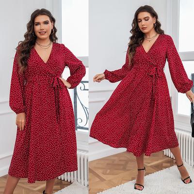 Spring and Autumn Women's Dress Large Swing Literary Temperament Red Large Size Dress Commuter Polka Dot Long Sleeve Dress