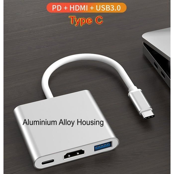 Adaptateur multiport USB-C - 3-en-1 - HDMI 4K - USB 3.0 - Charge PD 87W