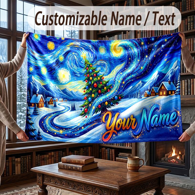 Christmas Winter Theme Throw Blanket Custom Name Text Personalized Blanket Soft Cozy Blanket for Home Sofa Bed