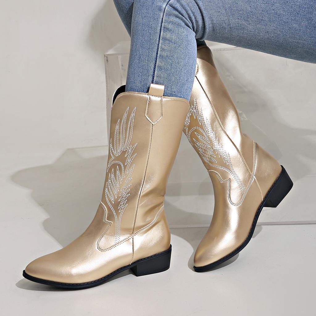 Fashion Gold Mid-calf Boots Women Silver Pointed Western Cowboy Boots Retro Fashion Black Boot Plus Size 36-43 WomenBoots 2025