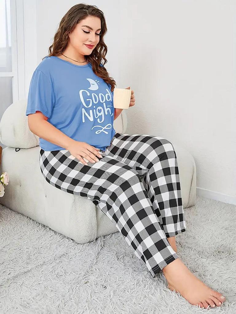 2024 Übergröße Damen Pyjama-Set - Gestreifte Karohose & Wasserzeichen-Oberteil