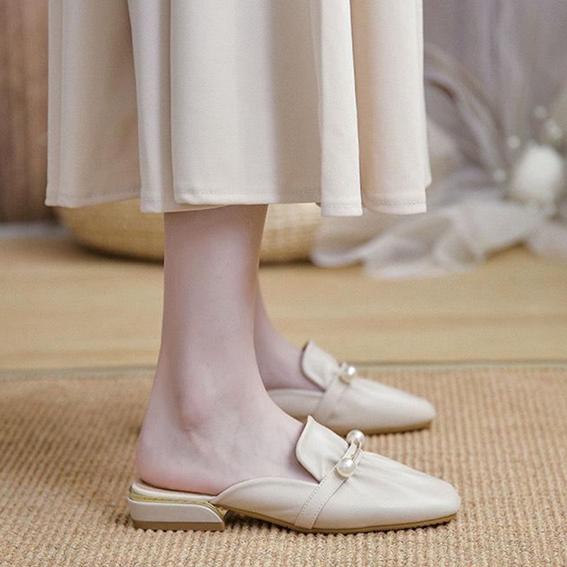 WTEMPO Women's Spring and Summer Square Toe Slippers Thick Low Heel Wrapped Toe Pearl Beige Rhinestone Pleated Soft Sole Soft Leather Slip-on Sandals
