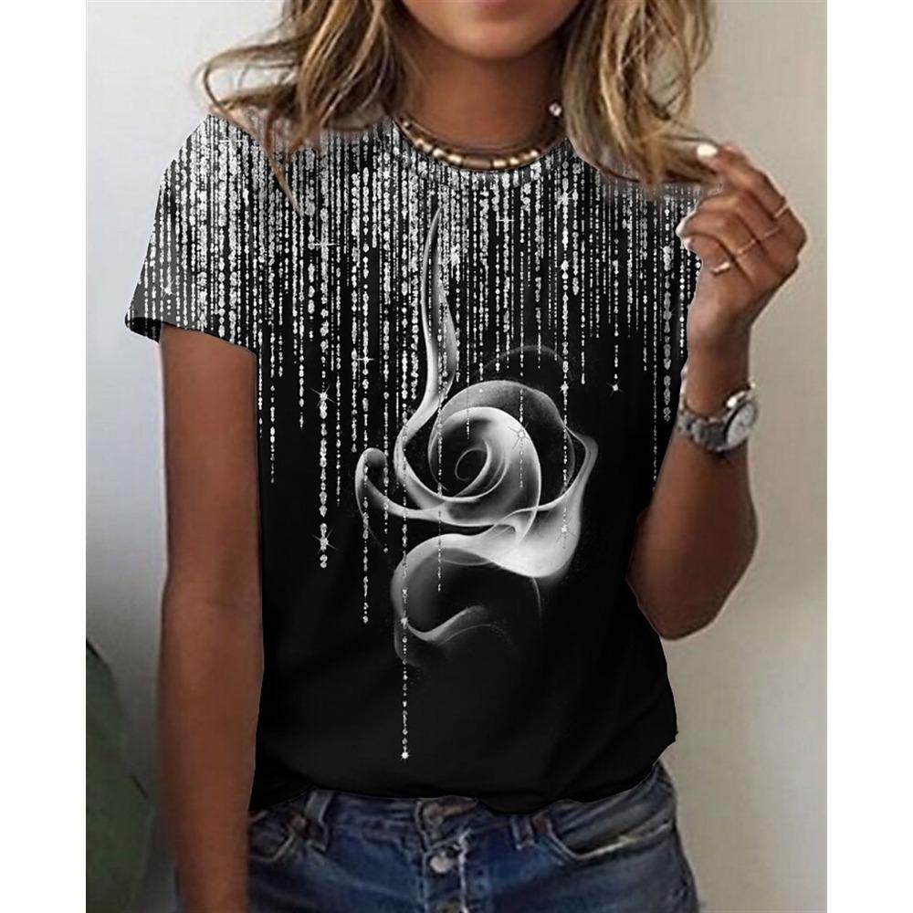Round Neck 3D Flower Printed Top Fashionable Casual Short Sleeved Women's T-shirts - Soft Medium Stretch Polyester Fabric Summer Relaxed Fit Clothing