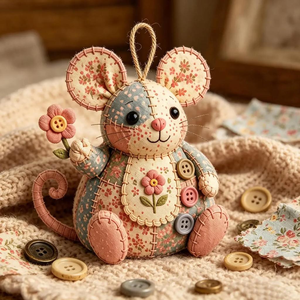 DIY Stoffmaus Nähset, Komplettes Patchwork Bastelset mit vorgeschnittenem Stoff & Werkzeugen, Niedliche Stofftiermaus für die Heimdekoration
