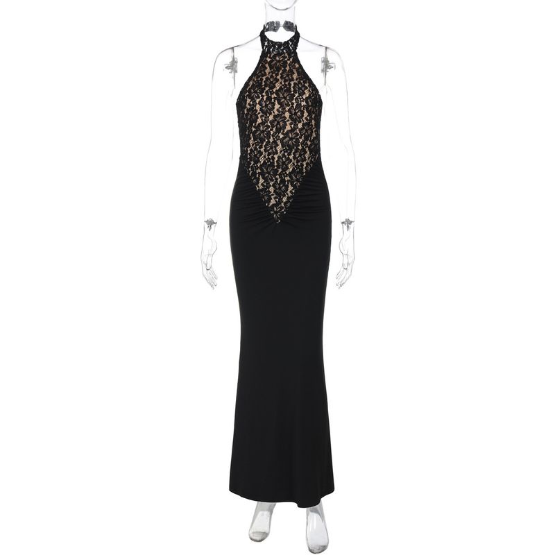 High-Looking Slimming Lace Contrast Color off-the-Shoulder Cheongsam Tight Backless Stand Collar Long dress Singer Black Evening Wear Dress Women