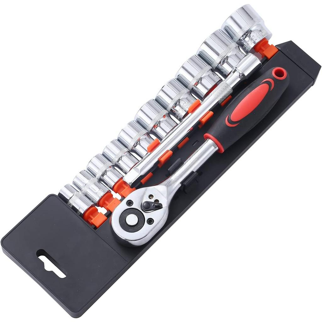 3/8 Inch Socket Set 12Pcs,10-24mm Metric Drive with 24-Teeth Quick-Released Ratchet Wrench and 6" Extension Bar,High Grade Chrome Vanadium Steel,Auto