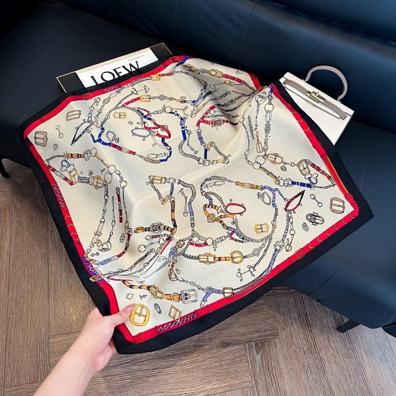 Silk scarf women's spring and autumn decoration versatile ins simple style striped square scarf streamer simulation silk fashion scarf scarf scarf