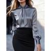 European and American Autumn Lace-Up Satin Long-Sleeve Women's Shirt