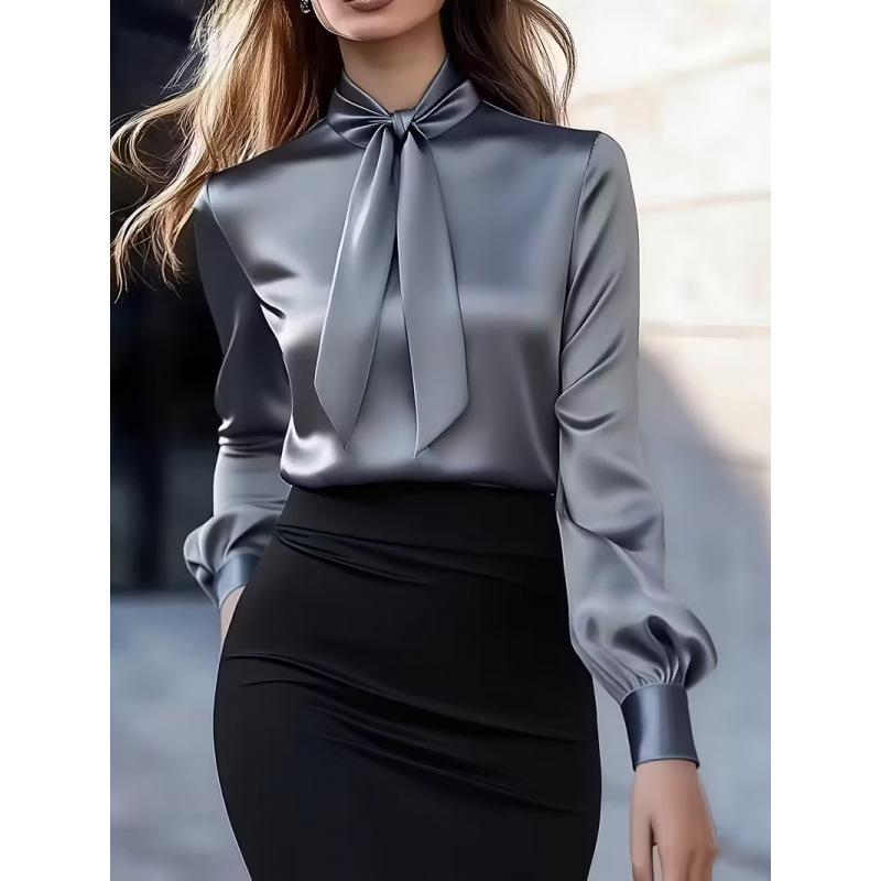 European and American Autumn Lace-Up Satin Long-Sleeve Women's Shirt
