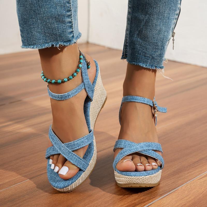 

Мода Высокие Каблуки Женские Сандалии на Платформе Клинья Кристалл Элегантная Классическая Обувь Лето 2025 Новые Шлепанцы Туфли-Лодочки Платье Сандалии Женские 43 джинсовый синий