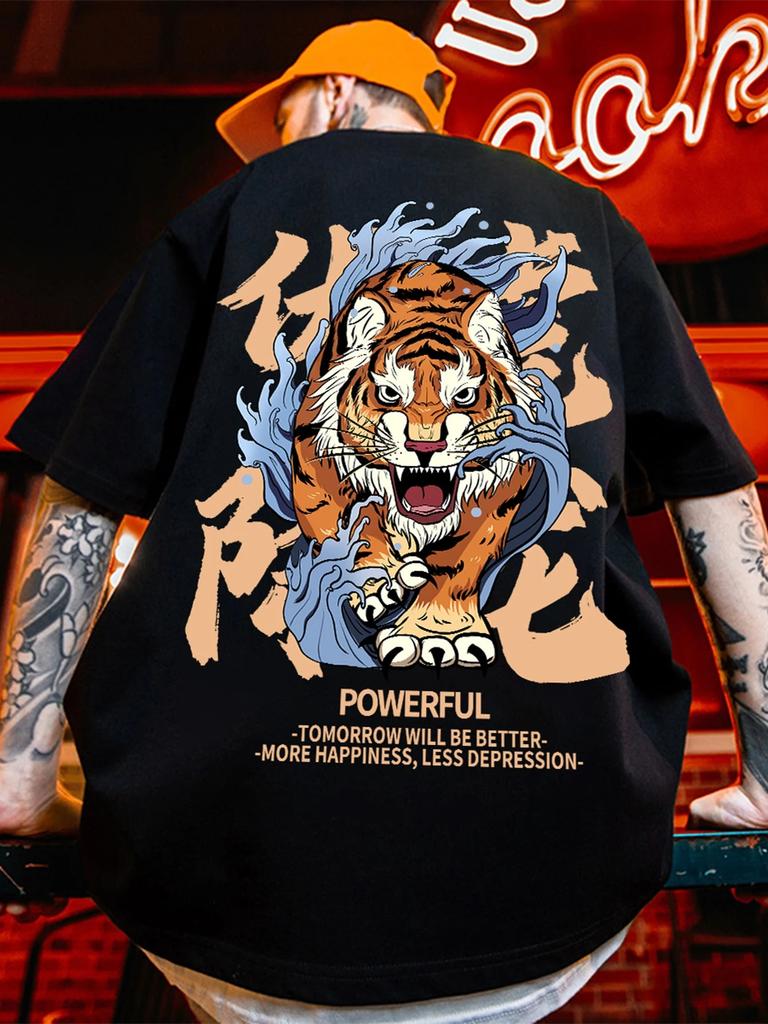 New Pure Cotton Tshirt for Summer Mens and Womens Beach Travel Comfortable and Breathable 2025 Tiger Descending The Mountain